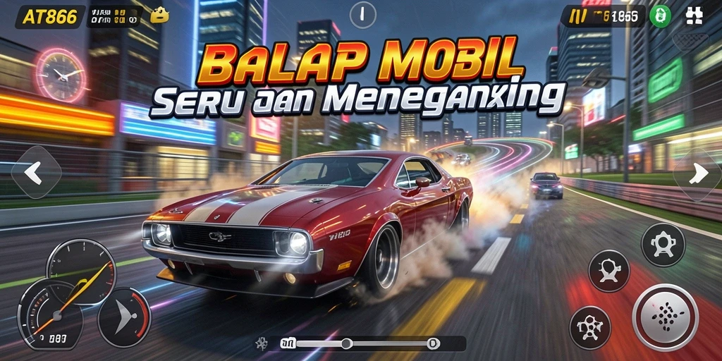 Screenshot gameplay AT866 dengan mobil balap yang mendebarkan.