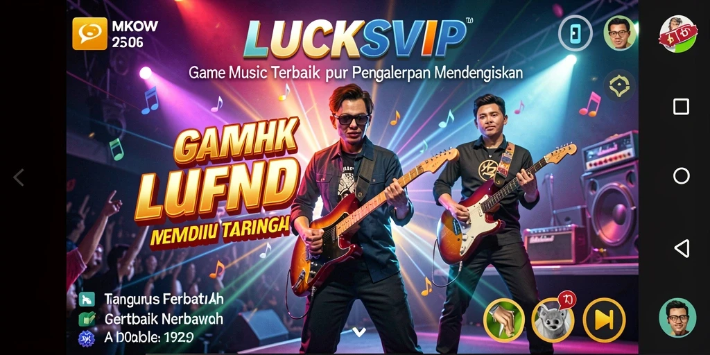 Screenshot utama menunjukkan gameplay interaktif dari LUCKSVIP dengan pengguna menikmati musik.