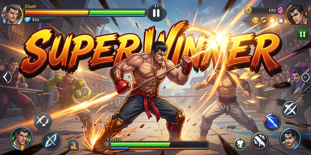 Screenshot menunjukkan pertempuran sengit di SUPERWINNER.