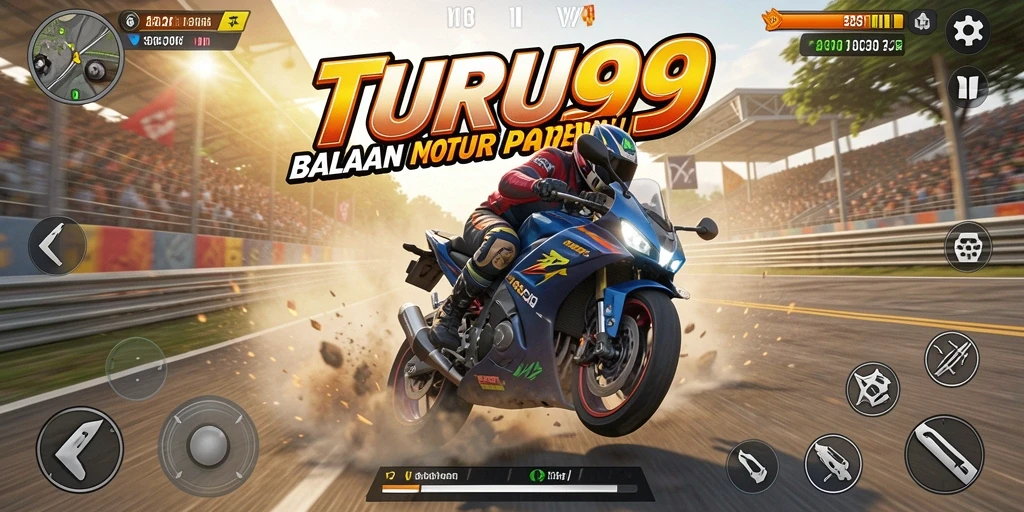 Tampilan screenshot gameplay TURU99 dengan balapan motor yang mendebarkan.