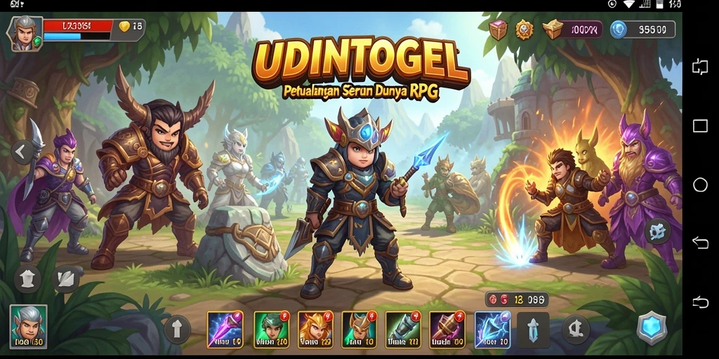 Tampilan gameplay UDINTOGEL dengan pertarungan epik dan karakter yang beragam.